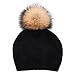 Women Knit Wool Beanie - Winter Fashion Solid Wool Hats Real Removable Raccoon Fur Pom Pom Warm Ski Beanie (Black),One Size