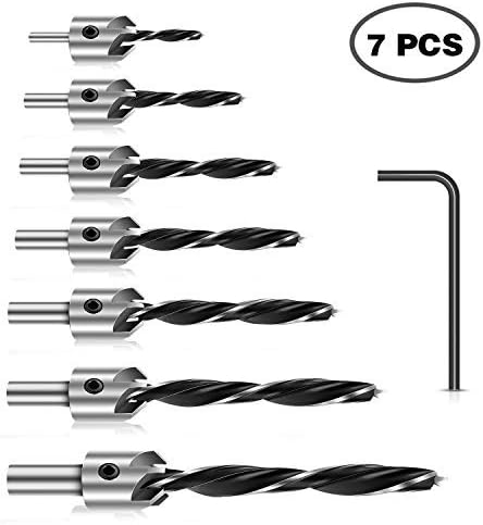 Countersink Drill Bit (7 PCS), Drill Bit Set with One Hex Key, High-Speed Steel Drill Adjustable Carpentry Reamer Plated for Wood DIY (3-10mm)