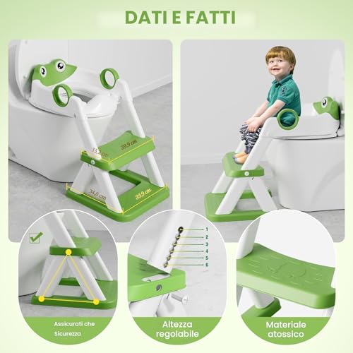 COOSEYA Frog Shaped Children's Toilet Reducer, 2 in 1 Potty with Ladder for Children, Waterproof Mat and Non-Slip Stool, Green