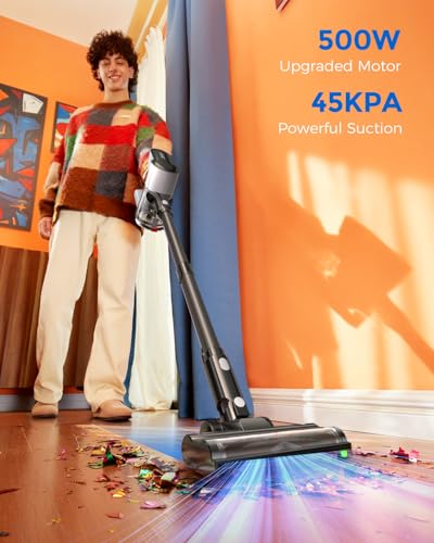 Cordless Vacuum Cleaner, 500W 45KPA 50Mins Vacuum Cleaners for Home with LED Light, Self-Standing, Anti-Tangle Brush & 1.6L Dust Cup, Lightweight Stick Vac for Pet Hair, Carpets, Hard Floors