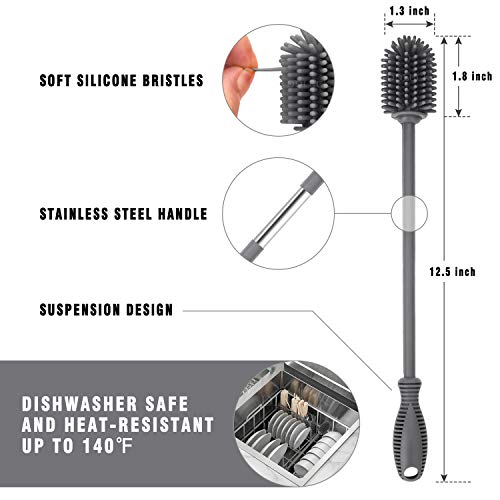 Silicone Bottle Cleaning Brush with Long Handle, BPA Free 12.5" Water Bottle Cleaner for Baby Bottles, Hydro Flask, Sports Bottle, Vase, Glassware, Perfect for Smaller Diameter Bottle Openings (Gray)