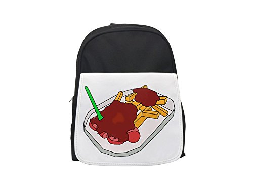 Curry Wurst Sausages and french fries with a curry ketchup sauce and a little plastic fork. printed kid's backpack, Cute backpacks, cute small backpacks, cute black backpack, cool black backpack, fash