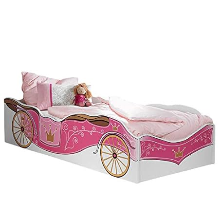Kinderbett weiß pink 90*200 cm GS-geprüft Jugendzimmer Kinderzimmer Bett Kutschenbett Bettliege Mädchenbett Prinzessinenbett 