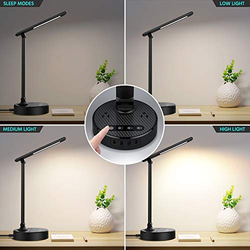 LED Desk Lamp Light with 4 Fast USB Charging Port and 2 AC Power Outlet, 4 Levels Brightness, 6FT Extension Cord, Touch Dimmer Control, 8W Eye-Caring Table Lamp for Bedside Office Hotel Dorm