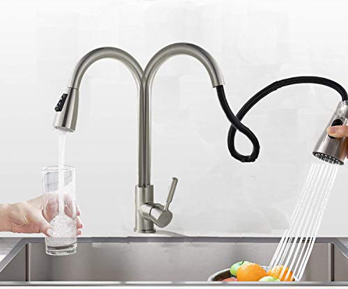 Kitchen Faucet, Stainless Steel Kitchen Sink Faucet, Single Handle High Arc Brushed Nickel Kitchen Faucets with Pull Down Swivel Sprayer, Pull Out Water Faucet for Kitchen, bar, Bathroom