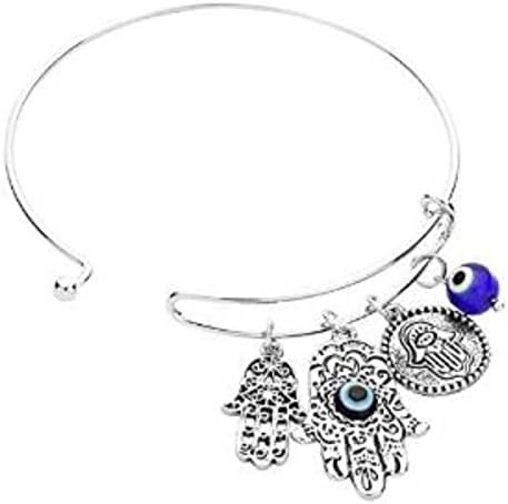 Womens Hamsa Evil Eye Blue Charm Wire Bangle Bracelet with Lovely Detailed Hamsa Charms with Blue Glass Beads