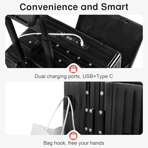 Carry On Luggage 20 Inch, Aluminum Frame Zipperless Luggage, ABS+PC Hard Shell Suitcases, Carry On with Compartment for Short Trips, Suitcase Carry-on TSA Approved (Black)