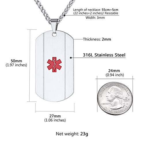 Supcare Tag Necklace Pendant Personalized Free Engraving Medical Alert ID Jewelry Stainless Steel for Women/Men/Children, Custom Engraved Medical Emergency Identification Dog Tag Necklace Jewelry - Thumbnail 4