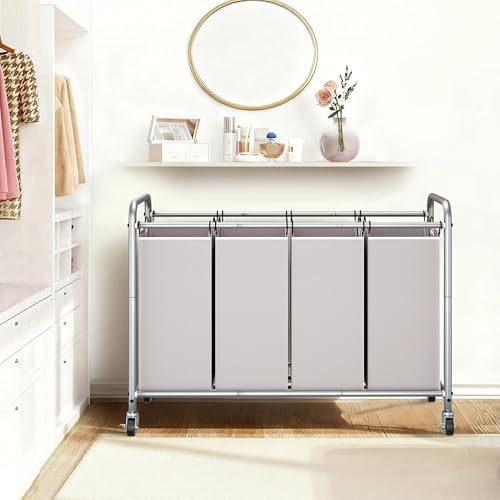 STORAGE MANIAC Laundry Sorter 4 Section, 47.5 Gal (180 L) Laundry Hamper with Wheels, Clothes Divider Basket Sorter, Separator Hamper Cart with Removable Bags, Gray