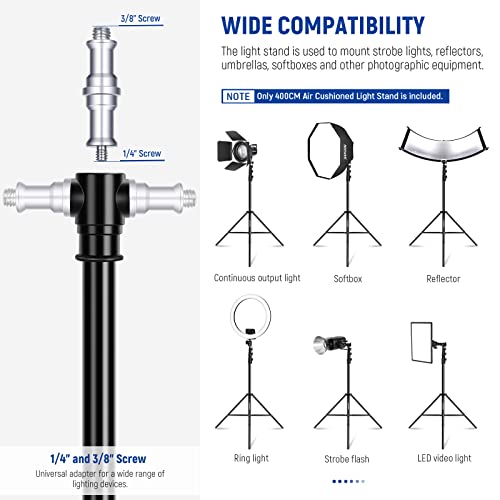 NEEWER 13ft/4m Air Cushioned Light Stand, Heavy Duty All Metal Photography Tripod Stand with 1/4” to 3/8” Reversible Spigot, 3 Way Mounting Interface & Metal Locking Knobs, Max Load 6.5lb/3kg