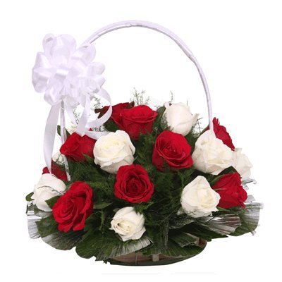Floralbay Handle Basket Arrangement of 20 Red & White Roses Fresh Flowers