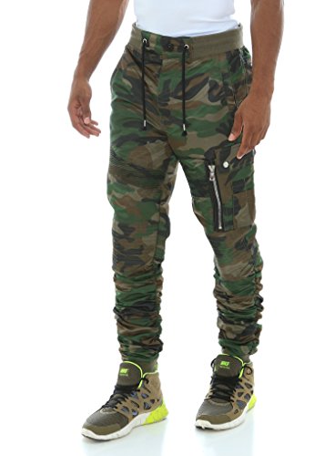 Smoke Rise Men's MA1 Nylon Ruched Leg Moto Biker Jogger Pants -Wood Camo-L