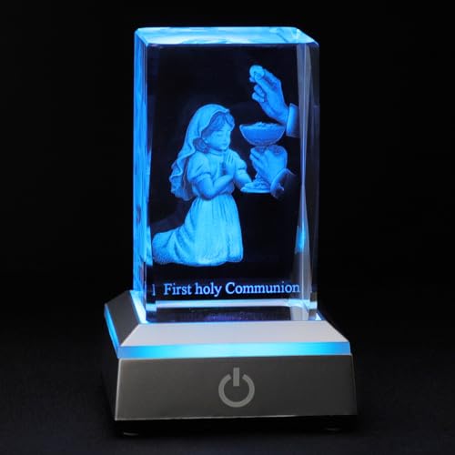 First Communion Gifts for Girls, 3D Crystal Statue with LED Light Base, Catholic Religious Gifts for Kids with Gifts Box, Night Light for Bedroom, Christian Catholic Home Decor