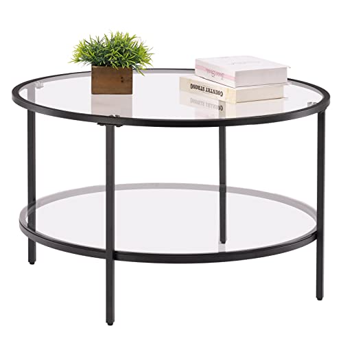 VINGLI Glass Coffee Table,30" Round Coffee Table Black Coffee Tables for Living Room,2Tier