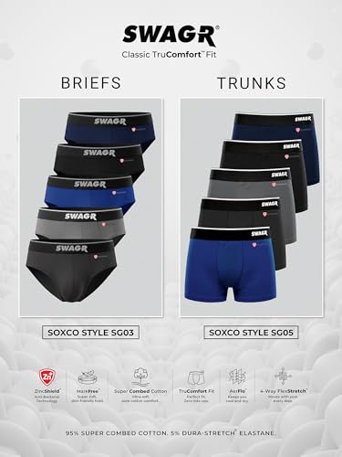 SWAGR 5 Pack Men's Super Combed Cotton Underwear Trunks | Classic TruComfort Fit | Powered by ZincShield Anti-Bacterial Tech | Aerflo Breathability | 4-way FlexStretch | SOXCO Style SG05