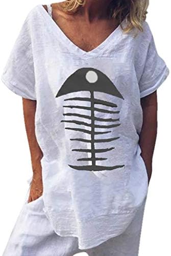 Women Funny Fishbone Tops Ladies Vintage Casual Linen Short Sleeve Loose Blouse T-Shirt for Work Sports Daily Beach