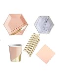 Pretty Peach Gold and Marble 69 Pcs Setting for 8 Deluxe Plates Napkins Cups Birthday Party Supply Wedding Bridal Shower Tableware Sets