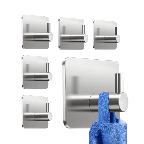 KollyKolla 6-Piece Wall Mounted Coat Hook Without Drilling, Wall Adhesive Hook for Bathroom, Stainless Steel, Waterproof Hook Sticker for Toilet, Kitchen, Office