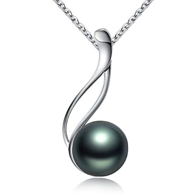 VIKI LYNN Tahitian Black Pearl Necklace for Women 9-10mm Off-Round Tahitian Cultured Black Pearl Pendant with 925 Sterling Silver Chain