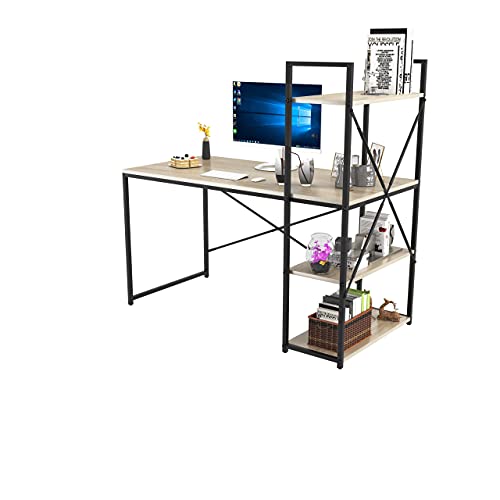 SMAGREHO Computer Desk with 4 Tier Shelves, Reversible Writing Study Table with Bookshelves, Modern Simple Compact Home Office Workstation, Oak