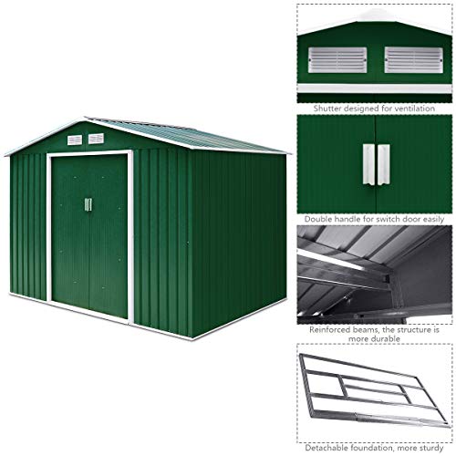 GIANTEX Gartenhaus Gerätehaus Metall, Geräteschuppen Gartenhütte Fahrradschuppen, Gartenschuppen Gartenhaus mit Fundament, Gartengerätehaus mit Schiebtür, Metallgerätehaus Satteldach (Dunkelgrün) – Bild 5