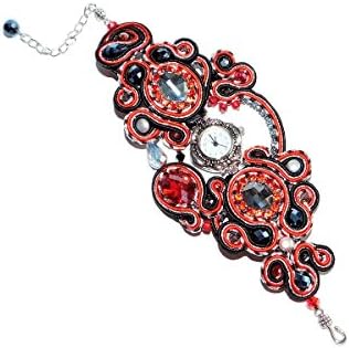 Ladies Wrist Watch with Soutache Bracelet with Swarovski Crystals, Rhinestones, Freshwater Pearls. Bead Embroidered Red Black Gray Watch. Free shipping USA & Canada