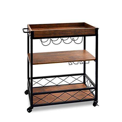 charaHOME Industrial Kitchen Serving Carts Rolling Bar Cart with 3 Tier Storage Shelves Kitchen Island Cart with Wine Glass Holder,Handle Racks,Lockable Caster Liquor Cart Removable Top Box Container