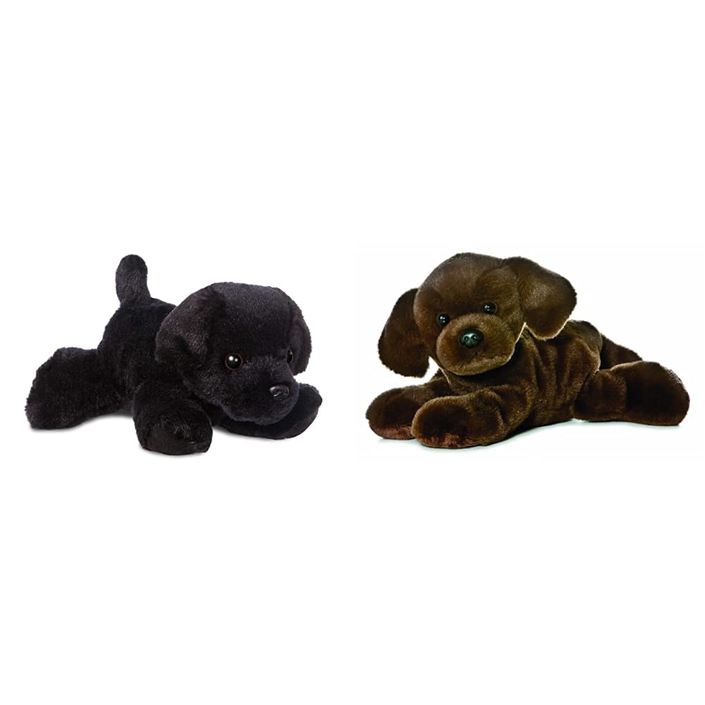 AURORA, 31295, Mini Flopsies Blackie Black Labrador Dog, 8in, Soft Toy, 8" & 31257, Mini Flopsie Lil Lucky Chocolate Labrador, Soft Toy, Brown