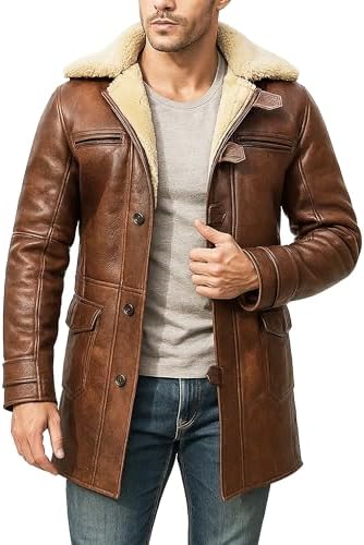 III-Fashions Mens Long Faux Fur Shearling Pea Coat Distressed