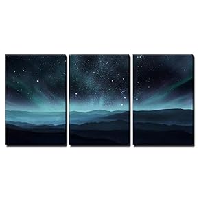 3 Piece Canvas Wall Art - Starry Night Sky with Aurora Over The Hills - Modern Home Art Stretched and Framed Ready to Hang - 16"x24"x3 Panels