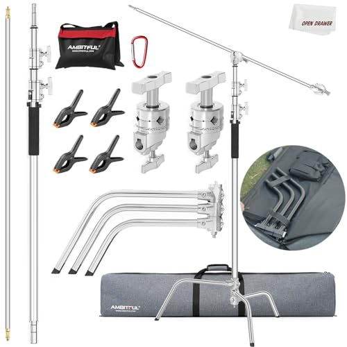 AMBITFUL Metal C Light Stand with Arm Arm for Photography, Max Height 320cm, Adjustable Reflector Stand with 128cm Clamping Arm + Bag for Studio Monolight, Softbox
