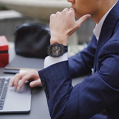 TSAR BOMBA Watch for Men, 50M Waterproof Automatic Mens Watch, Skeleton Mechanical Tonneau Big Face Dial Black Watch with Silicone Watch Bands, Gifts for Men