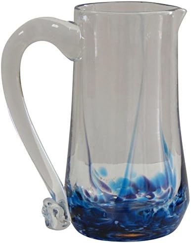 Irish Handmade Round Glass Pitcher with Handle by Jerpoint Glass Ireland. 9 inches tall with 40oz capacity (Blue Heather)