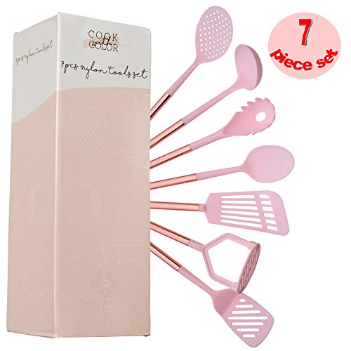 COOK With COLOR 7 Piece Pink Nylon Cooking Utensil Set With Copper Handles