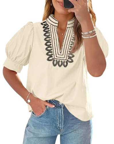 Cicy Bell Womens Puff Short Sleeve Blouses Dressy Embroidered Boutique Tops at Amazon