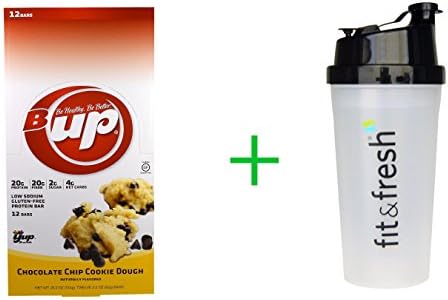 YUP B Up Protein Bar Chocolate Chip Cookie Dough 12 Bars 2.2 oz (62 g) Each, Shaker Bottle assorted colors 20 oz