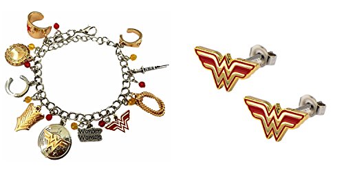 J&C Family Owned Comic Book Theme The Amazonian Wonder Woman Logo Bracelet and Wonder Woman Studs Earrings 2-Pack Bracelet and Earring Gift Sets /Gift Wrapped