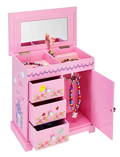 JewelKeeper Wooden Music Box with 3 Pullout Drawers, Fairy and Castle Design, Waltz of the Flowers Tune