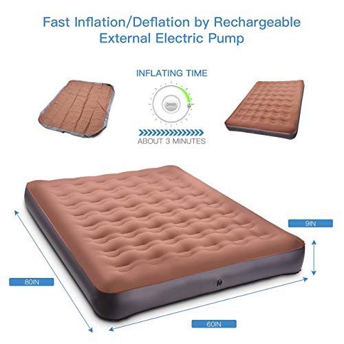 TOPELEK Air Mattresses, Inflatable Airbed with Rechargeable Electric Pump, Pongee Fabrics & Thicken PVC, Easy Setup, 2 Independent Flocked Inflatable Pillows, Queen Size, Storage Bag, Brown - Thumbnail 3