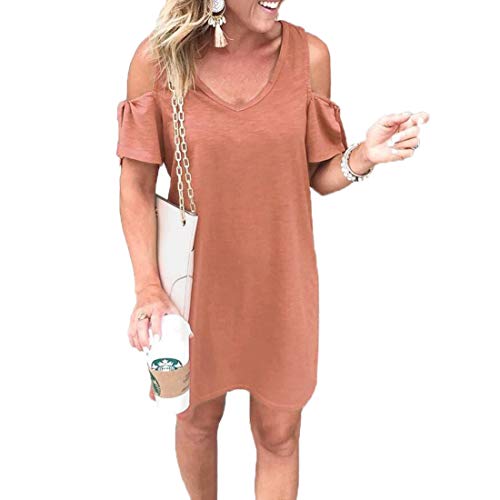 Ajpguot-Vestiti-da-Donna-Fuori-dalla-Spalla-Abito-di-Maglietta-Estivo-Abiti-da-Spiaggia-Elegante-Mini-Vestito-di-Colore-Solido