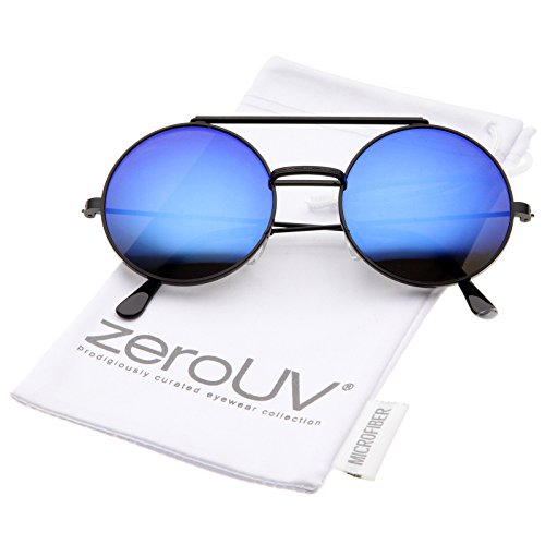 zeroUV - Mid Size Flip-Up Colored Mirror Lens Round Django Sunglasses 49mm (Black / Blue Mirror)
