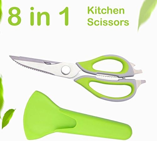 8 in 1 BEST Kitchen Shears | Multi-functional scissors | Award-Winning modern design, cutting meat, fish , Vegetables .... Perfect tool for every day use arround the house (green)