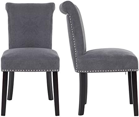 LSSPAID Upholstered Dining Chair with Polished Nailhead Wood Legs in Grey，Set of 2