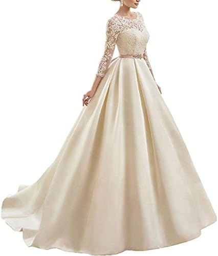 XUYUDITA Women's Scoop Neck Bridal Gowns V Back Satin Lace Wedding Dresses with Long Sleeves