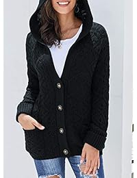 MEROKEETY Women's Button Down Chunky Knit Hooded Cardigan Sweater Pockets Solid Color Outwear Coat