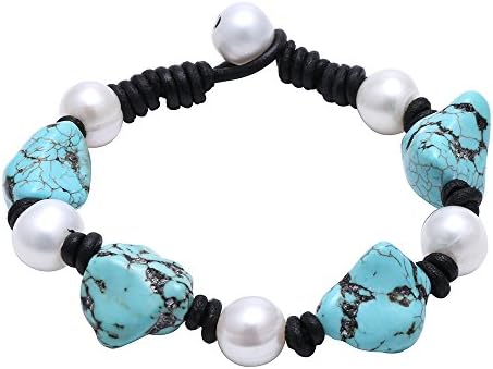 Yunhan Frshwater White Pearl Bracelet for Women with Turquose on Black Leather Cord Women Jewelry