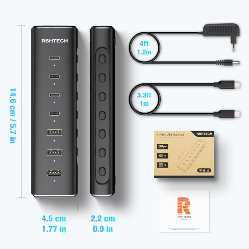 RSHTECH USB 3.2/USB-C Powered 7-Port 10Gbps Hub with 4 USB-C 3.2 Ports and 3 USB-A 3.2 Ports, 3.3 Foot Cable and 36W Adapter (12V/3A), Aluminum USB Hub for Laptop, RSH-H7C4