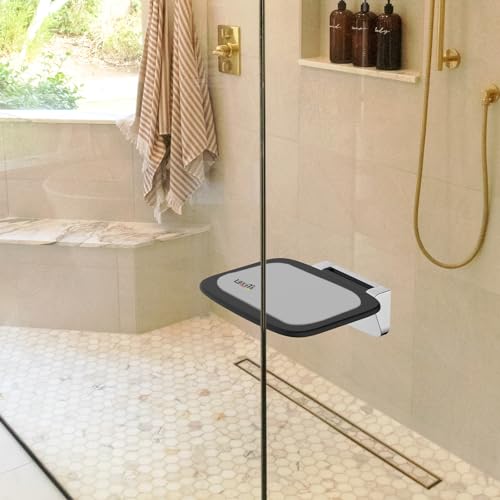 Heuffe Ultrathin Ergonomic Folding Wall Shower Seat – 160 kg Non-Slip Capacity, for Elderly and Disabled, Black