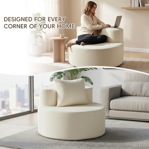 Accent Chair, Round Chaise Lounge Chair with Deep Seat, Modern Chenille Upholstered Lounge Chair, No Assembly Floor Sofa for Living Room Bedroom Apartment, 34.65 Inch Wide, Beige