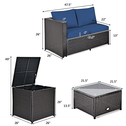 DORTALA Wicker Patio Furniture Set 4 Piece, Outdoor Sectional Couch Set with Table, Loveseat, Storage Box, All-Weather Rattan Conversation Sofa for Balcony, Porch, Backyard, Deck, Navy